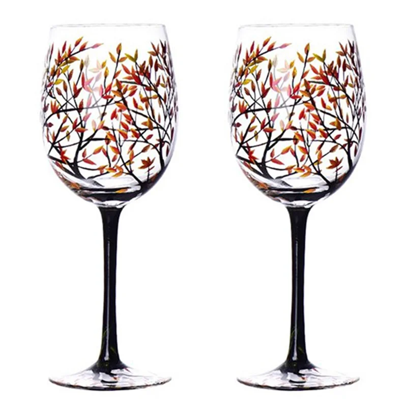 Easy To Use Autumn Tree Wine Glass-Fall Colors-Leaves Of Red, Yellow, Orange Hand Painted Fall Leaf