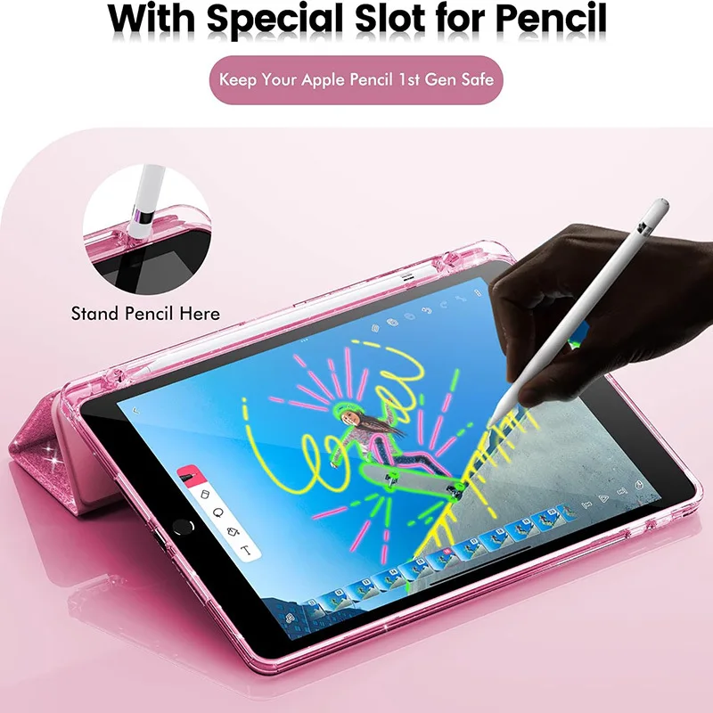 Glittering Sparkly Tablet Case with Pencil Holder and Auto Sleep Feature