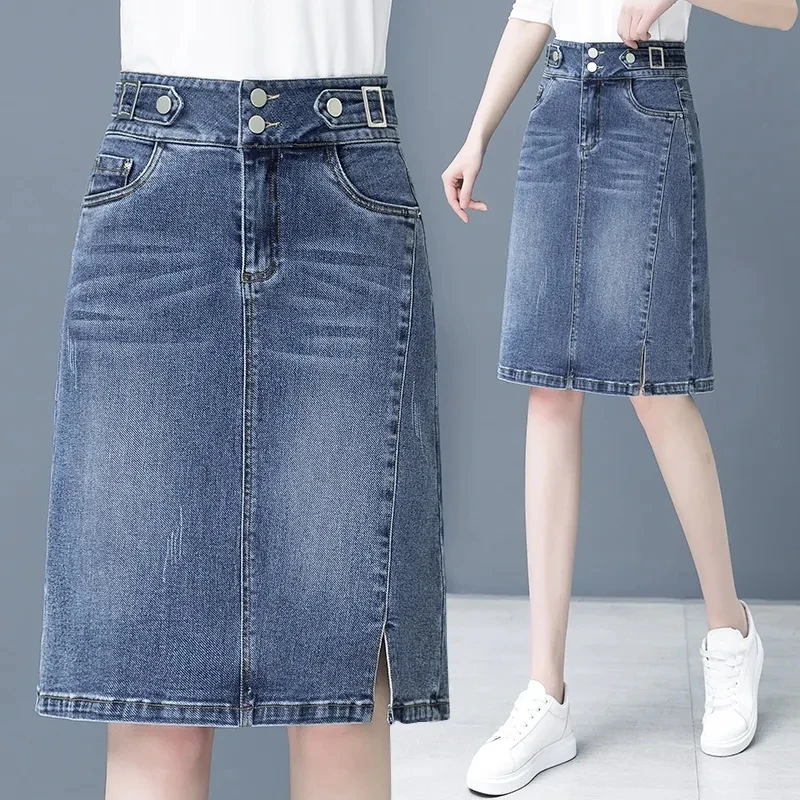 

With pockets Denim Half Skirt Women's 2023 Spring/Summer New High Waist Split A-line Skirts Female Fashion Casual Clothing