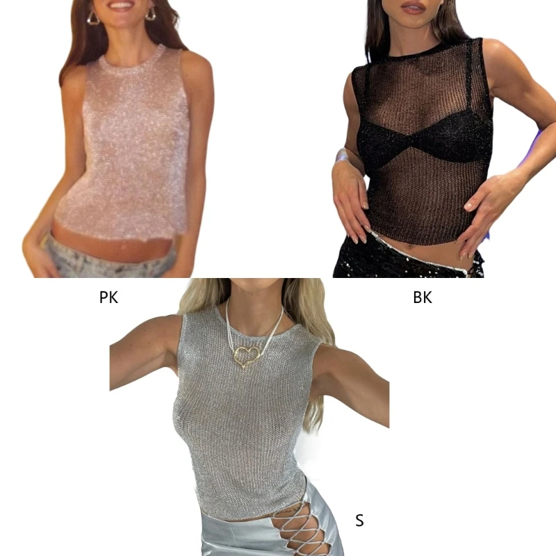 

Sexy Mesh Shiny Sleeveless T-Shirt Women See-Through Club Party Crop Top