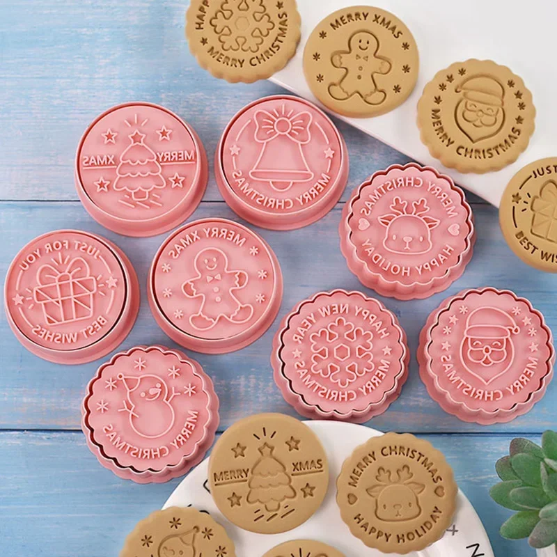 8pcs Merry Christmas Cookie Cutter Set Round XMAS Tree Gingerbread Man Deer Fondant Embosser Stamp DIY Christmas Party Supplies