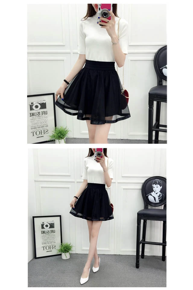 2021 New Spring Summer and Autumn Mesh Short Skirt Elastic Waist Versatile Pengpeng Skirt A-line High Waist Lace Lady Girl black mini skirt