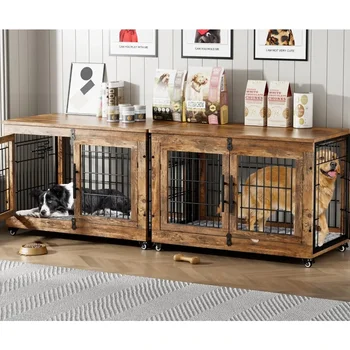 Dog Crate Furniture Set of 2, Dog Kennel Indoor Double Doors Wooden Dog Cage, 38'' Heavy Duty Crate with Cushion & Wheels 1
