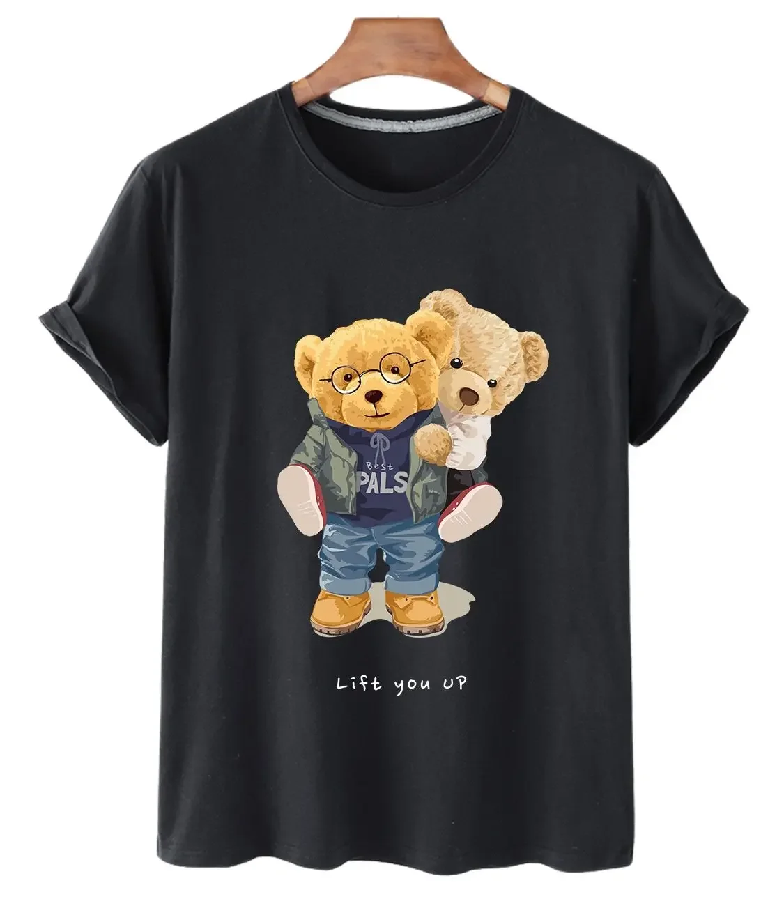 

100% COTTON Women Wearing Bear Print Couple Short-sleeved Casual T-shirt Fashion Graphic T Shirts Oversized Tshirt Tee Tops