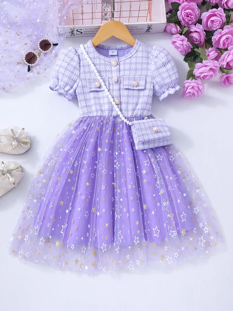Robe douce et élégante pour filles, robe en maille étoile à manches courtes à la mode avec petit sac inclus 1