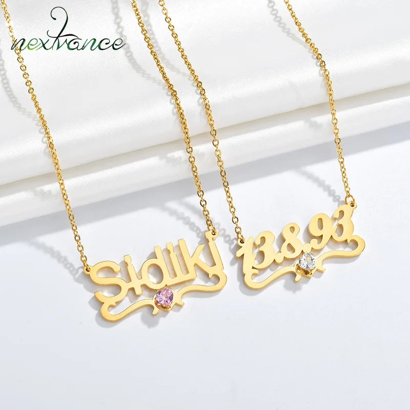 

Nextvance Custom Name Necklace Stainless Steel Personalize Pink Stone Pendant Necklace For Women Lover Wedding Jewelry Gift