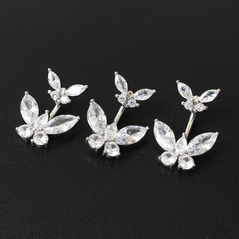 925 sterling silver Double Butterfly Zircon belly ring fashion navel piercing jewelry for woman