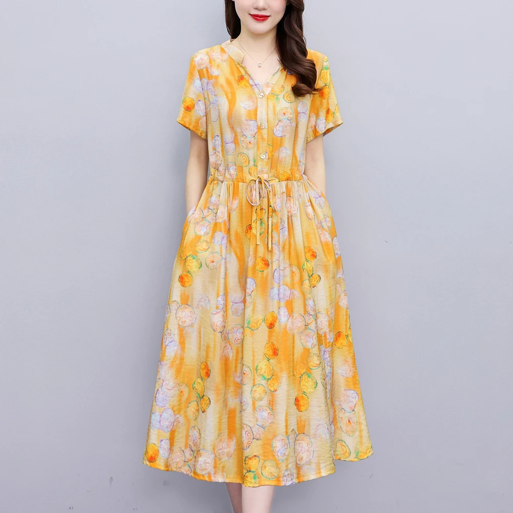 

New Fashion Casual Summer Dresses For Women V-Neck Print Vintage Short Sleeve Dress Loose Party Women Clothing