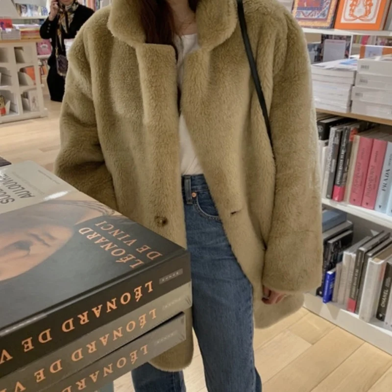 Women\'s Winter Thicken Leather Fur Coat Jacket Lapel Collar Loose Single Breasted Overcoat Warm Clothes Outerwear
