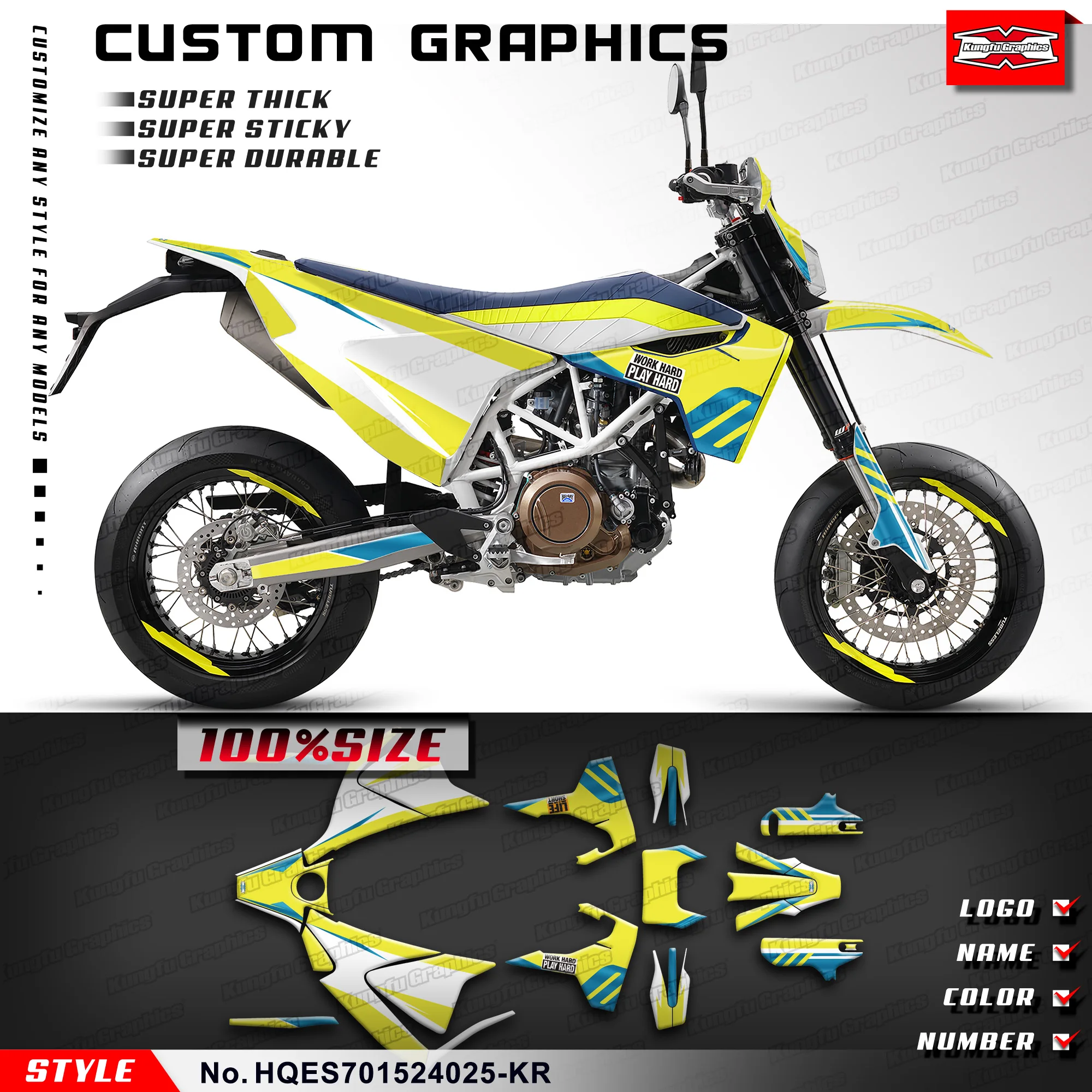 

KUNGFU графические Наклейки на заказ, комплект виниловой пленки для Husqvarna Enduro Supermoto 701 2015-2024, HQES701524025-KR