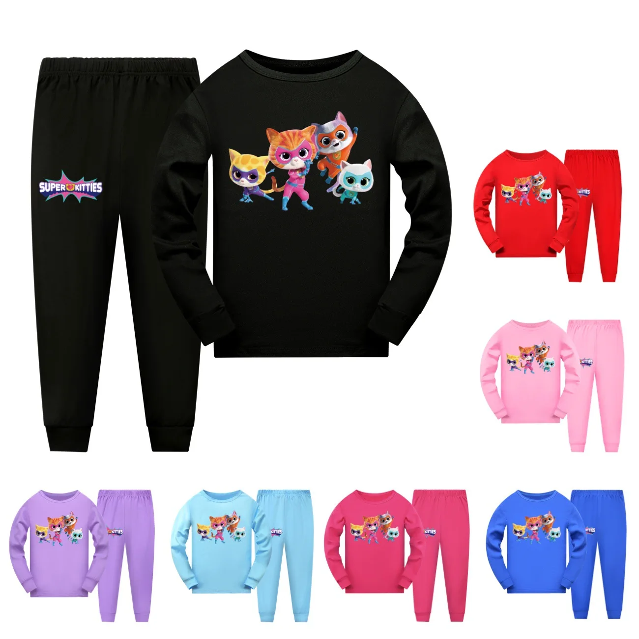 Anime Superkitties Clothes Kids Super Cats Pajama Sets Toddler Boys Autumn Sleepwear Baby Girls Long Sleeve Tops+pants 2pcs Sets