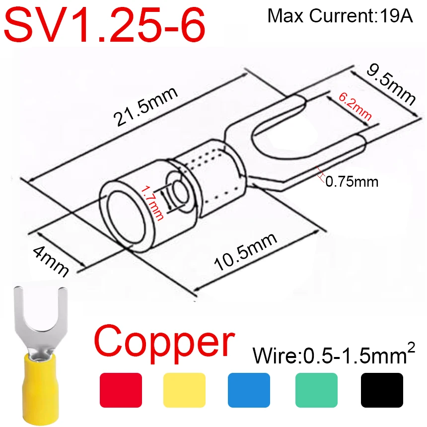 SV1.25/2/3.5/5.5/8-3/3.7/4/5/6/8 SV1.25/2/5 Cable de alambre Furcate de horquilla de cobre conector eléctrico Terminal de engarzado aislado de pala