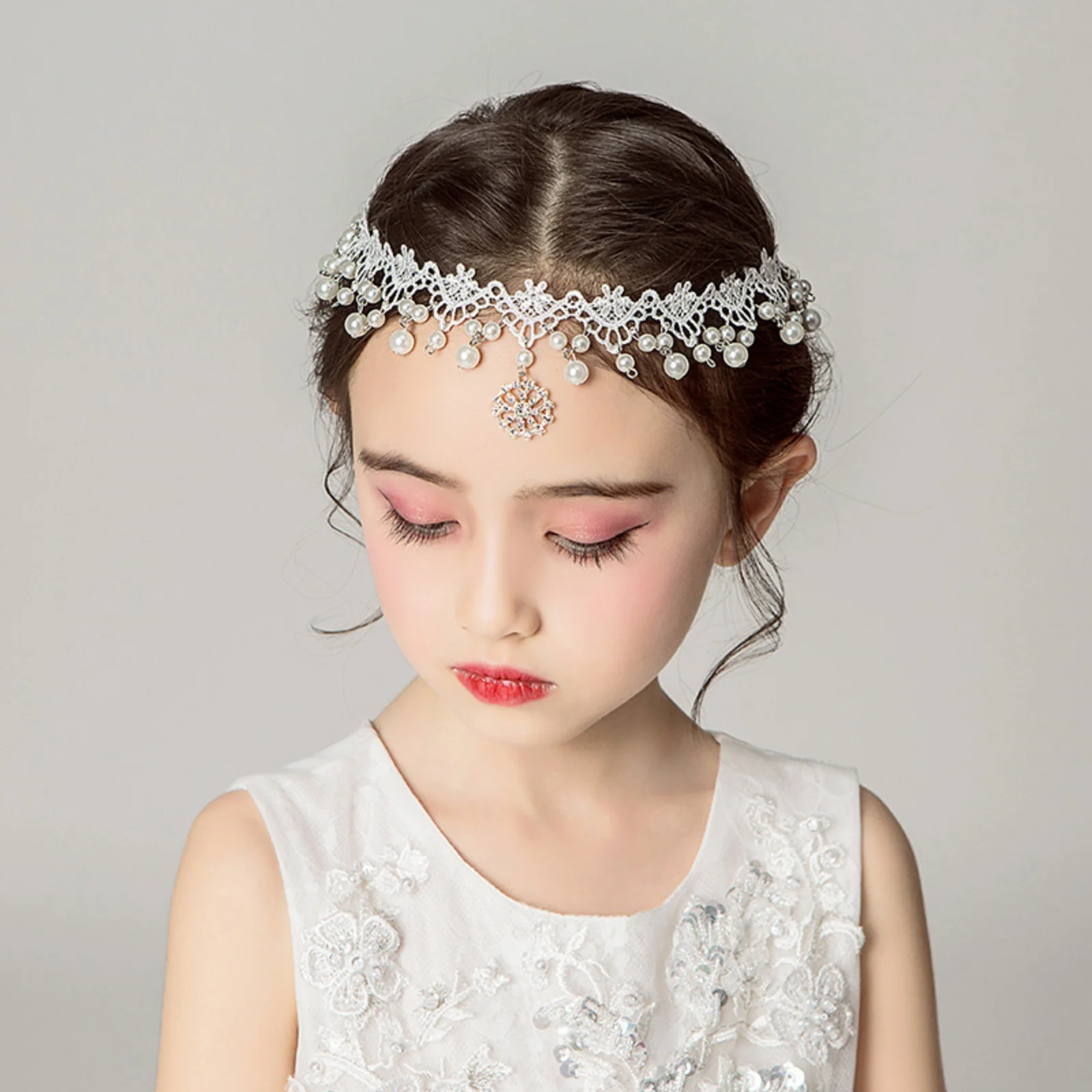 1PC Kids' Lace Pearl Headband, Elegant Rhinestone - Decor Tiara, Perfect for Girls' Party & Wedding Looks