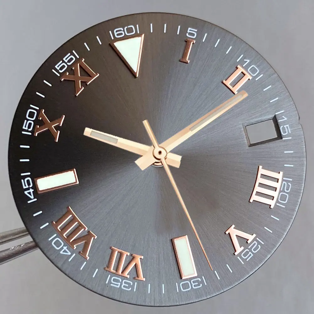 Grey Silver Sunburst 29mm Watch Dial with Roman Numerals and Multi-Colored Hand Set