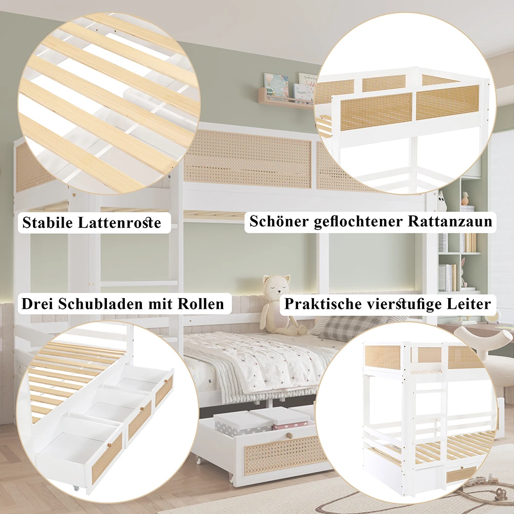 KOMHTOM Kinder Etagenbett 90x200cm, mit Geflochtener Rattanzaun, 3 Rollschubladen, Stabilen Lattenrost – Detail 2
