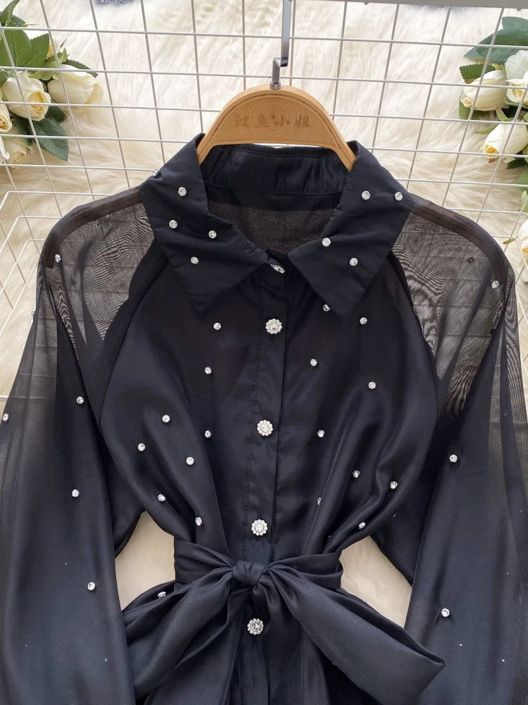 Wmstar Dress Women Wholesale French Style Heavy Diamond Encrusted Ruffled Women Spring Lace Up Cinched Waist Elegant Lace Puffy