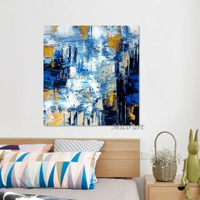 

Simple Style Artwork Picture Gold Foil Textured Art Canvas Wall Frameless Blue White Abstract Design Handmade Oil Painting