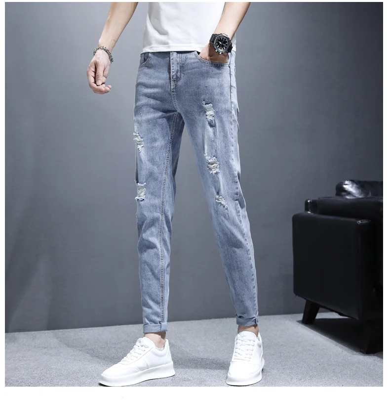 Description Picture 6 of itemMen's Personalized Fashion Ripped Jeans Straight Slim Solid Color Spring Summer Denim Trousers High-Quality Brand Blue Jeans