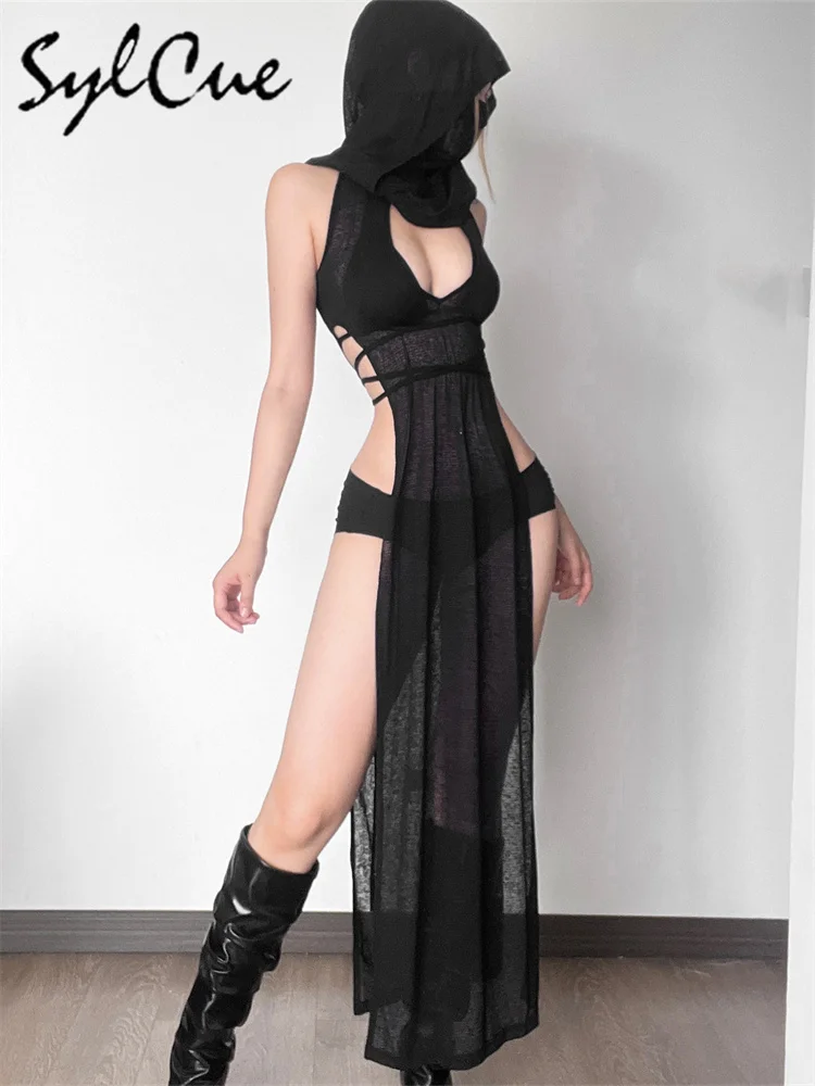 nibber 2024 Summer High Street Travel Cool Confident Black Mysterious Sexy Open Avant-garde Sexy Hot Cool Women's Hooded Dress