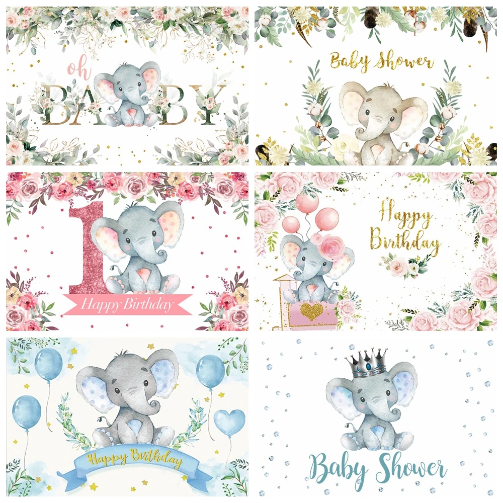 Baby 1st Birthday Elephant Backdrop For Girl Boy Baptism Party Photography Background Cake Smash Table Decor Banner Photo Prop photo backdrop
