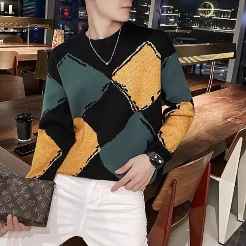 남성용 라운드 넥 스웨터, 아가일 스트라이프, 두꺼운 긴팔, 트렌디 니트 풀오버, 하의 상의, 가을 및 겨울, 새로운 패션, 2023