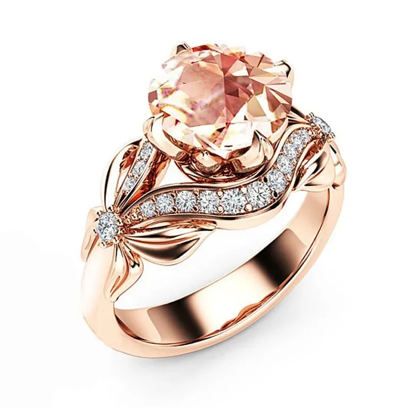 Dazzling Rose Gold Color Metal Flower Round Rose Stone Ring Luxury Party Engagement Wedding Rings for Women Jewelry 1