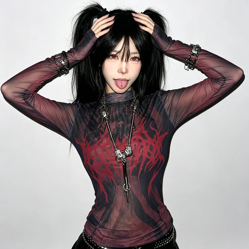 Women's Y2K Gothic Mesh Long Sleeve Top, Sheer Grunge Print T-Shirt, Punk Rock Streetwear
