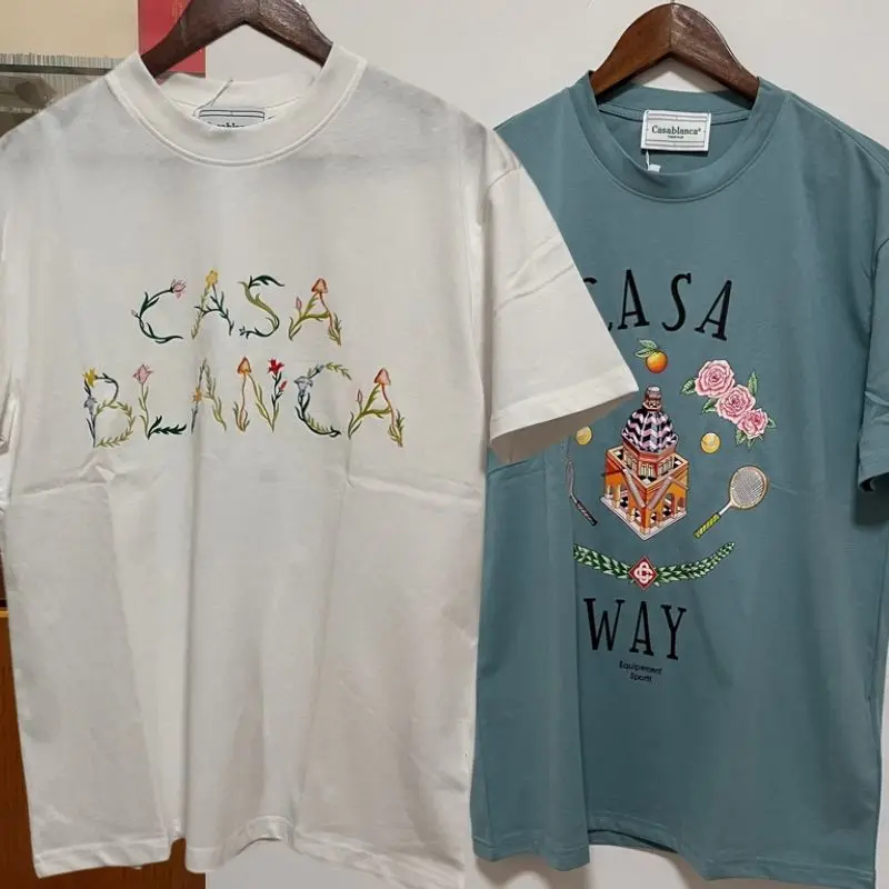

Прямая поставка, летние футболки в стиле Касабланки, топы с коротким рукавом и цветочным принтом, свободные хлопковые футболки 3XL для мужчин и женщин