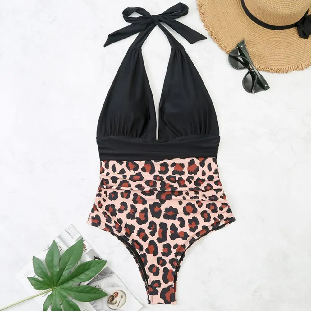 

Summer Monokini Leopard Print V Neck Monokini for Women Quick-drying Soft Beachwear Bathing Suit with Color Matching Pleated