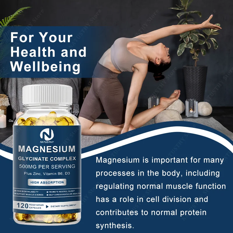Magnesium Glycinate Supplement 500mg & Zinc, Vitamin D3 B6 High Absorption Support for Women & Men Mineral Vegan Capsules