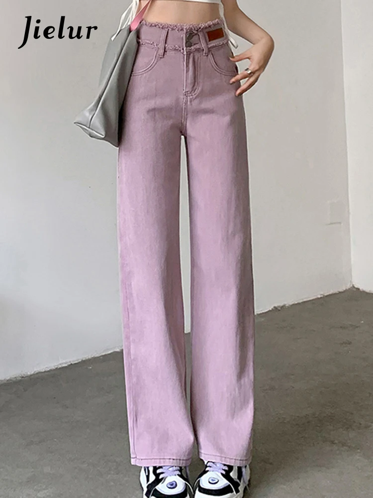 

Jielur Прямые женские джинсы фиолетовые офисные женские Новые облегающие свободные однотонные простые шикарные модные женские широкие брюки с высокой талией
