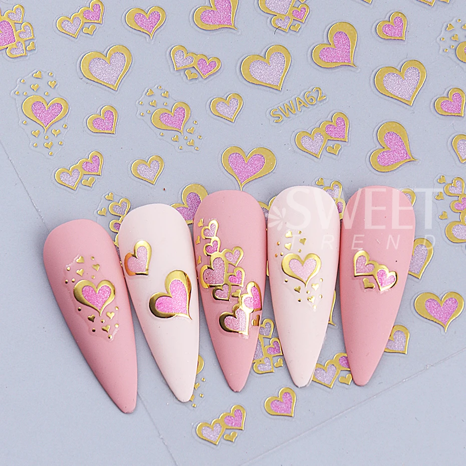 2/3pcs Glitter Love Heart Nail Stickers Pink White Heart-shaped Bow Adhesive Nail Decals DIY Valentine's Day Manicure Decoration