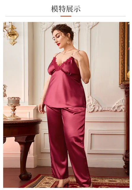 Plus Size Lace Trim Slit Cami and Pants Pajama Set - Light Gray / 1XL