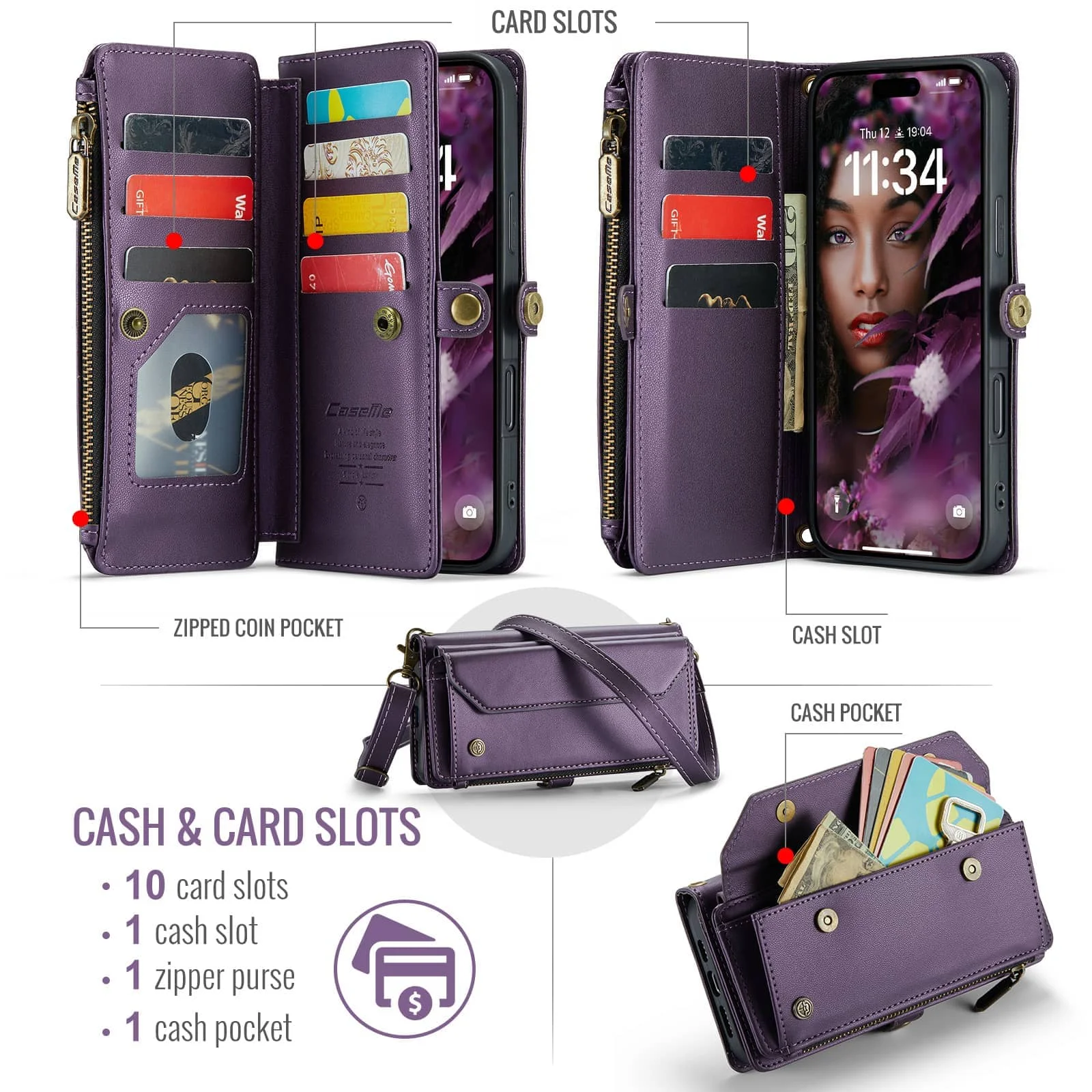 RFID Blocking Crossbody Wallet Case with Wristlet and Shoulder Strap, Premium PU Leather, 7-10 Card Holder