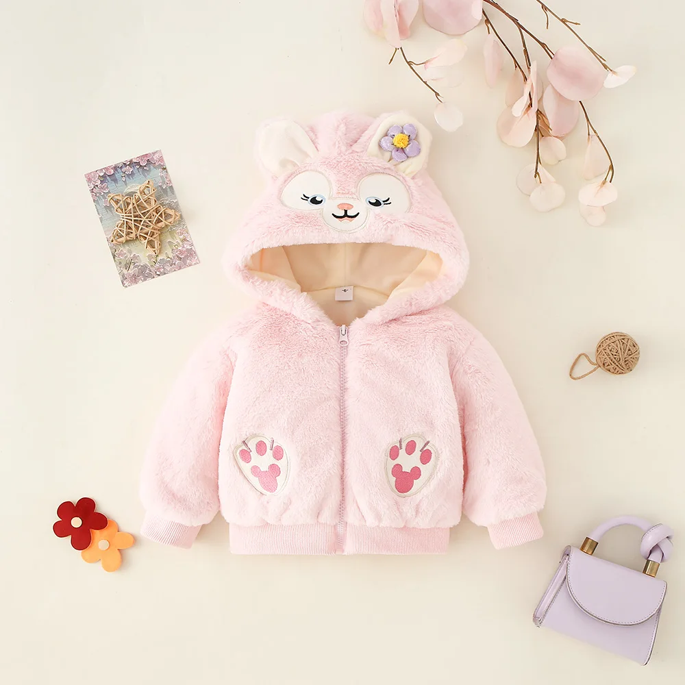 Girl's Fluffy Sweater With Cute Little Feet In Winter Cartoon Rabbit Hooded Zipper Cotton Jacket