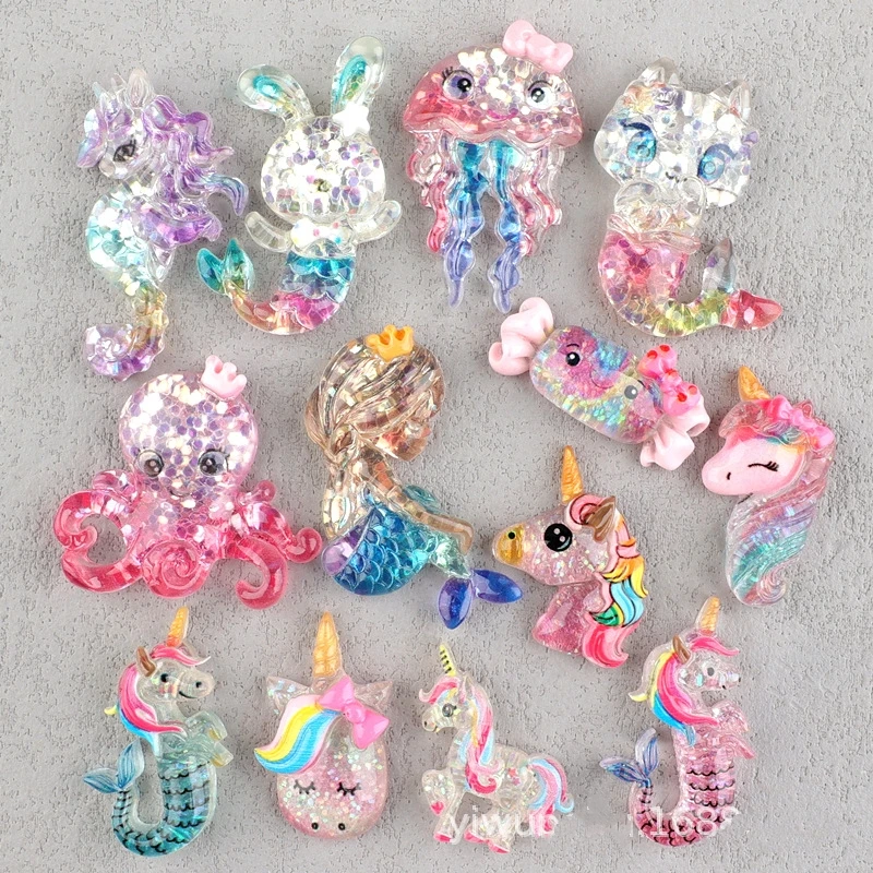 

20pcs New Kawaii Unicorn Resin Cabochons Flatback for Scrapbooking Crafts Cute Colorful Seahorse Mermaid Embellishments Charms