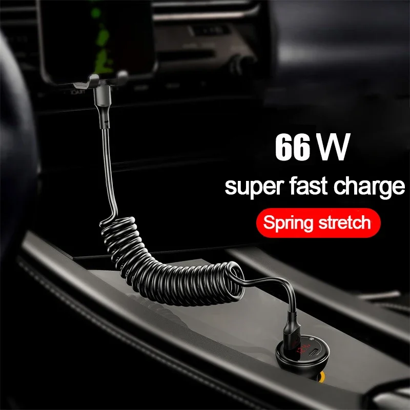 

Car Data Cable 66W USB Type C Micro USB Spring Pull Telescopic Fast Charging Cable For Android Phone Accessories Car USB Cable