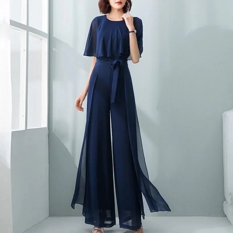 Lotus Leaf Sleeve Jumpsuit Women's Summer Long 2023 New Chiffon Jumpsuit Wide Leg Set Temperament Jumpsuit Female Bodysuit Blue