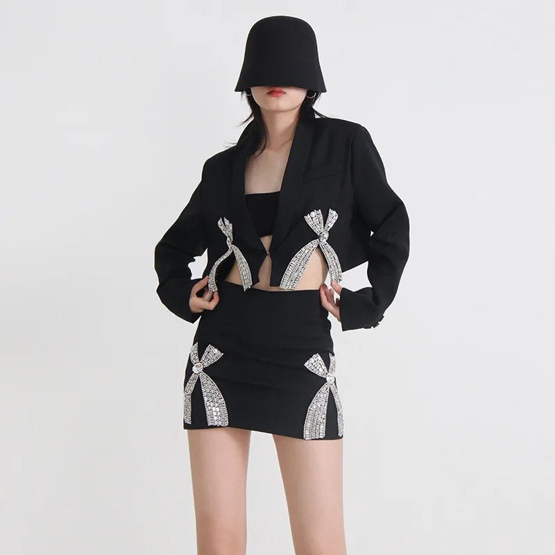 

Suit 2023 New Rhinestone Patchwork Bow Long Sleeve Split Blazers For Women Bow Black Slim Short Bodycon Skirt Women