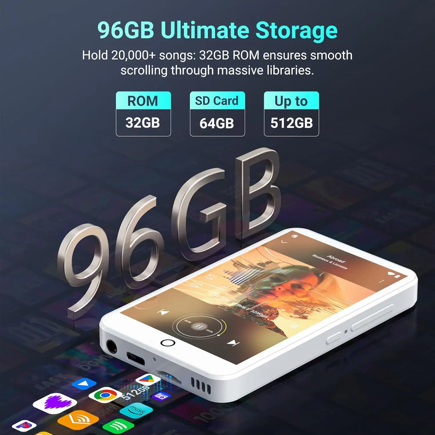 96GB(64+32GB） MP3 Player with Bluetooth and WiFi, Android 13 MP3 MP4 Players with 4" Touchscreen and Speaker, 3GB RAM & 32GB ROM