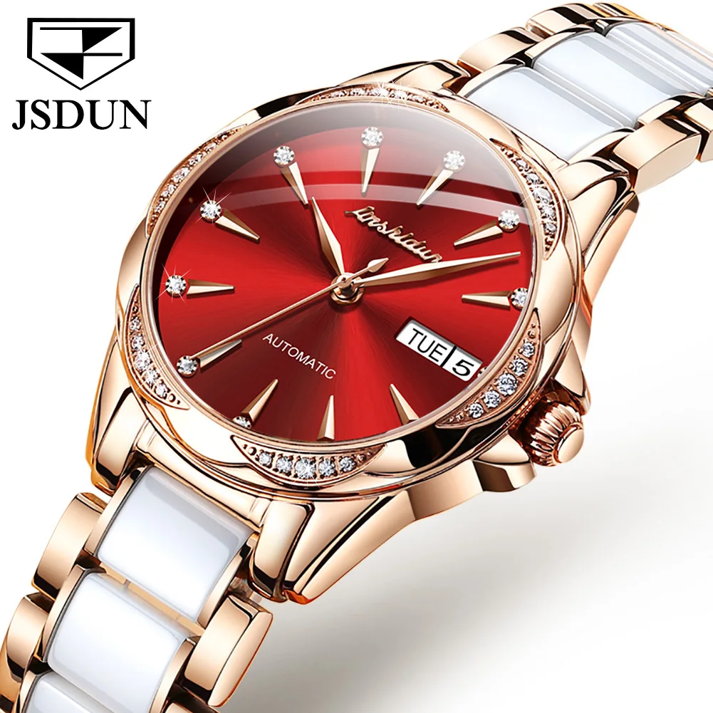 JSDUN 8821 Automatic Watch For Women Ceramic Steel Strap Dual Calendar Ladies Mechanical Wristwatch Classic Waterproof Watches