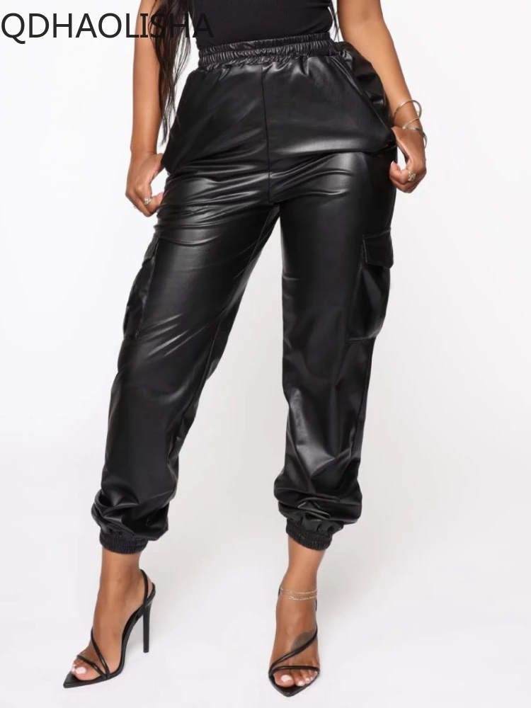 

Женские кожаные брюки, Новинка осени 2023, свободные облегающие Черные Мешковатые шаровары, пикантная Женская одежда, уличная одежда Y2k в стиле панк