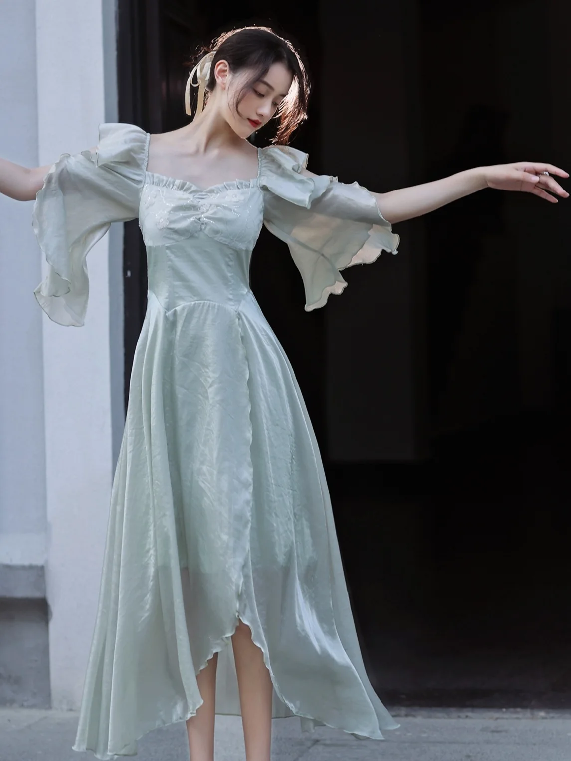 

French Fairy Midi Dress Women's Square Neck Flower Ruffle Irregular Dress New Summer Flying Sleeve Romantic Elegant Party Dress