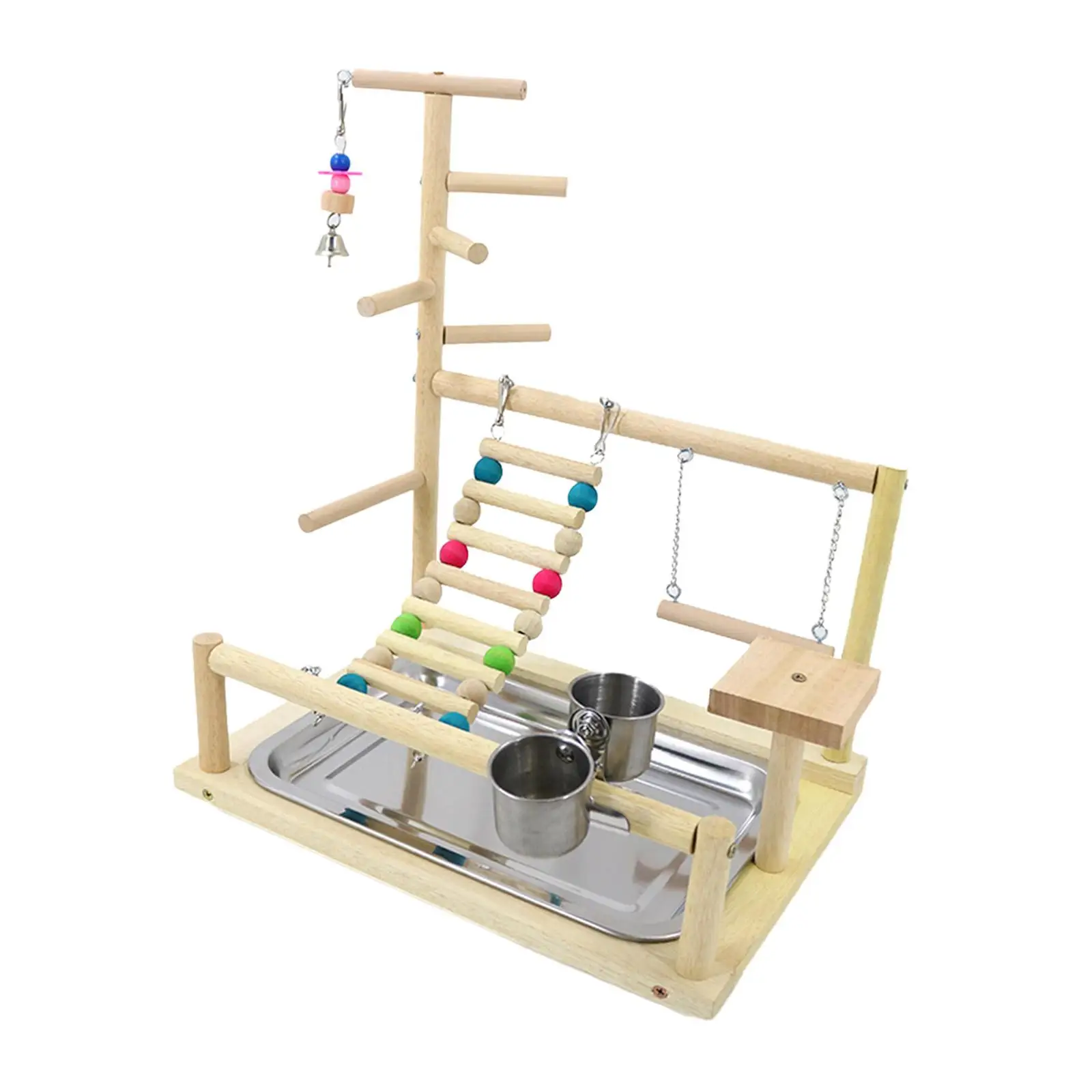 Bird Cage Perches Wooden Bird Playground Parrot Playstand Gym Playground Ladder with Metal Feeder Plate Toy for Budgie Parakeets Cockatoos