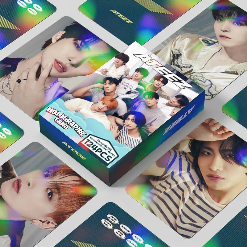 124pcs ATEEZ Laser Card Album Support Photo Card Sticker Double-sided Holographic Star LOMO Postcard Collector