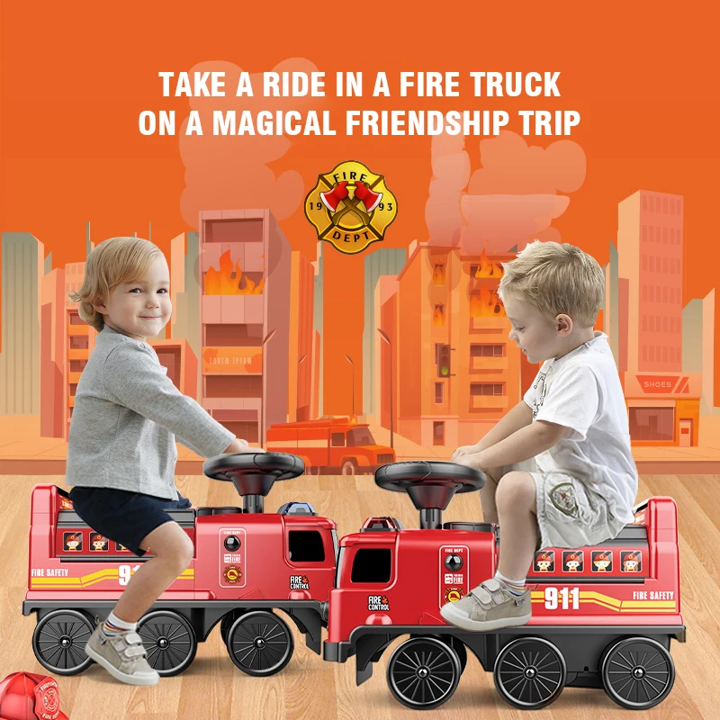 2 IN 1 Electric Slide Driving Car Fire Truck Police Space Kids Toys Seatable Track Parking Stroller Education Walkers Boys Gift