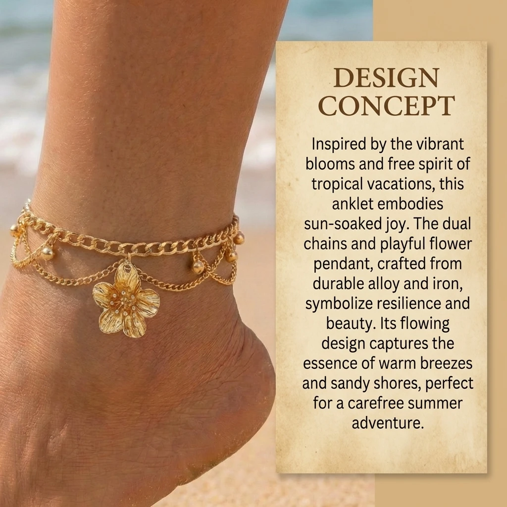 Mehrschichtiges Boho-Tropenblumen-Quasten-Fußkettchen für Damen mit drapierten Perlenanhängern – Fußschmuck für Sommer, Strandurlaub und Resort – Detail 1