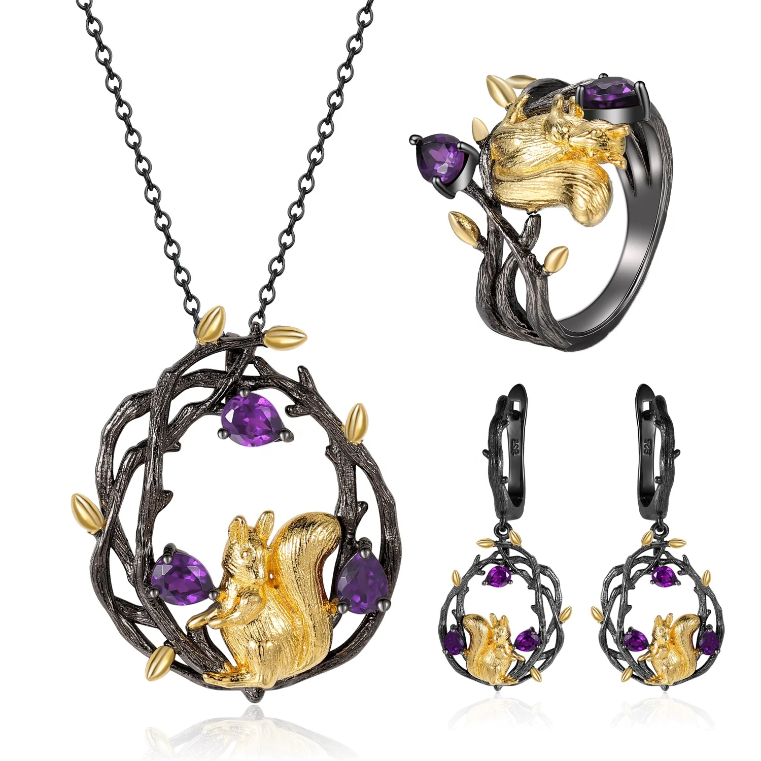 

C7874 Abiding Guangzhou Manufacturer Natural Amethyst Gemstone Gold Plated Squirrel 925 Silver Necklace Jewelry Set