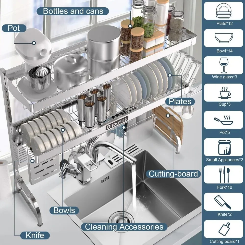 Over The Sink Dish Drainer Drying Rack,3 Tier Adjustable Length (25.5'' to 37.4'') Full Stainless Steel Large Storage Kitchen 3