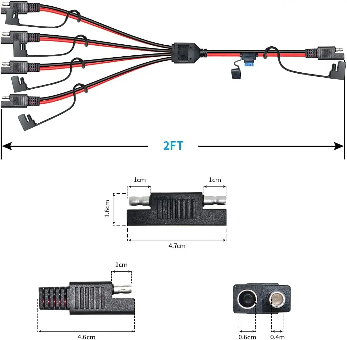 14 AWG 2피트 SAE 분배기 연장 케이블 1-4 SAE 어댑터 (태양광 패널, 자동차, 오토바이, RV용 극성 반전 어댑터 포함)